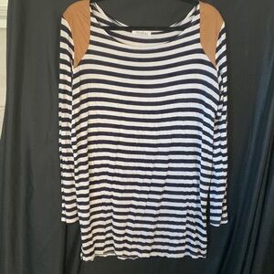 Sundance Blue and Cream Striped Top with Brown shoulder leather Accents